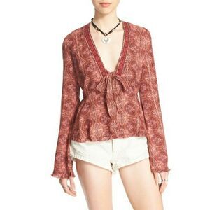 New! FREE PEOPLE Kaleidoscope Print V-neck Tie-front Long Bell Sleeve Top
